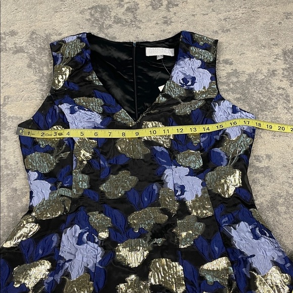 NWT Badgley Mischka Sleeveless A Line Floral Metallic Dress Blue Gold Sz 8 - Picture 8 of 11